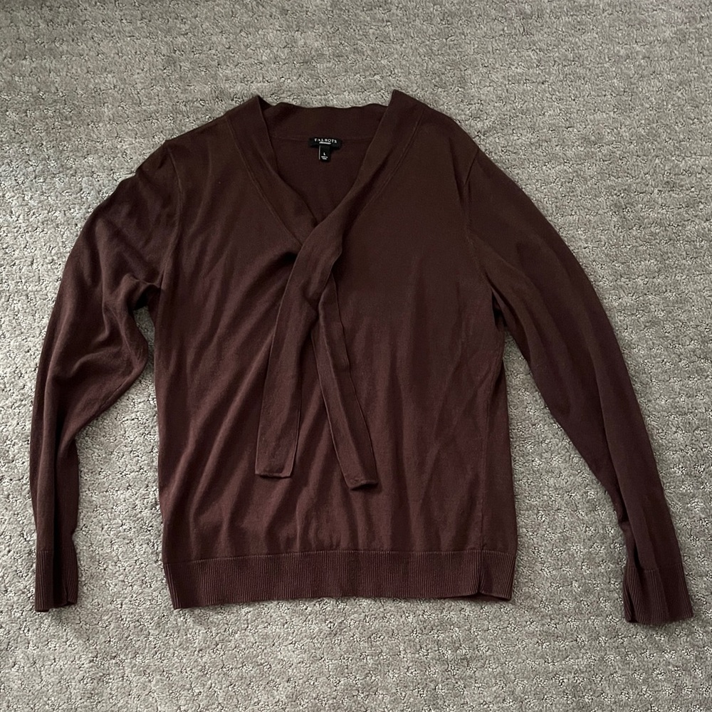 Talbots tie neck brown knit long sleeve